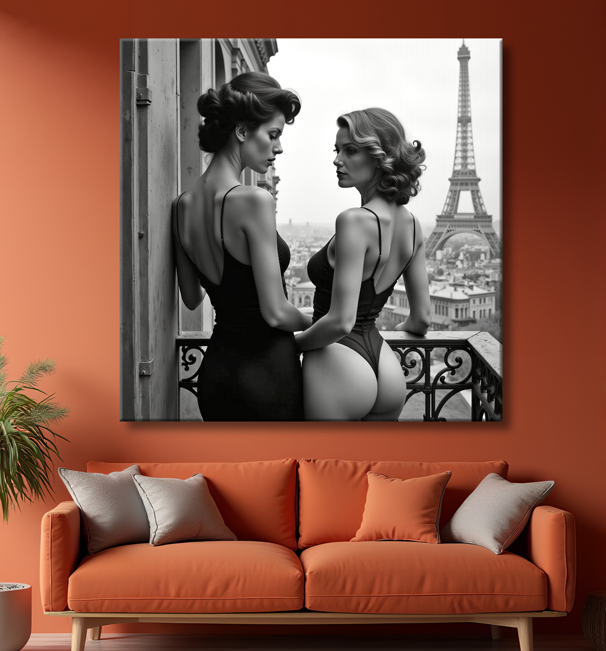 Tableau couple femmes chic Paris noir et blanc avec decor