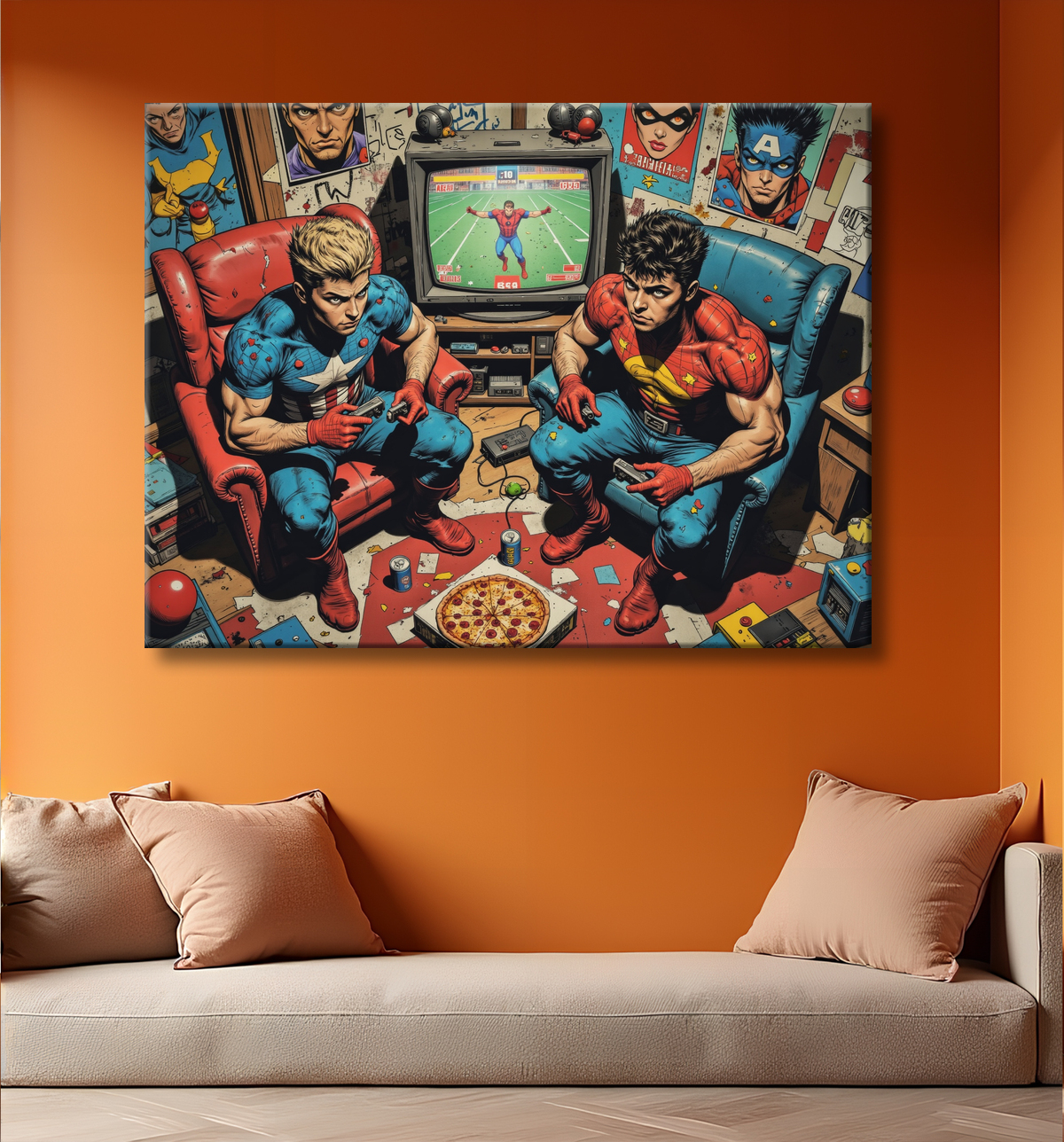Tableau gamers super-héros ambiance geek street art avec decor