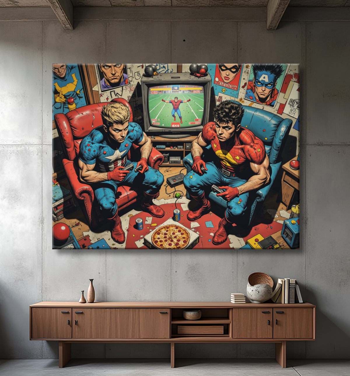 Tableau gamers super-héros ambiance geek street art avec decor