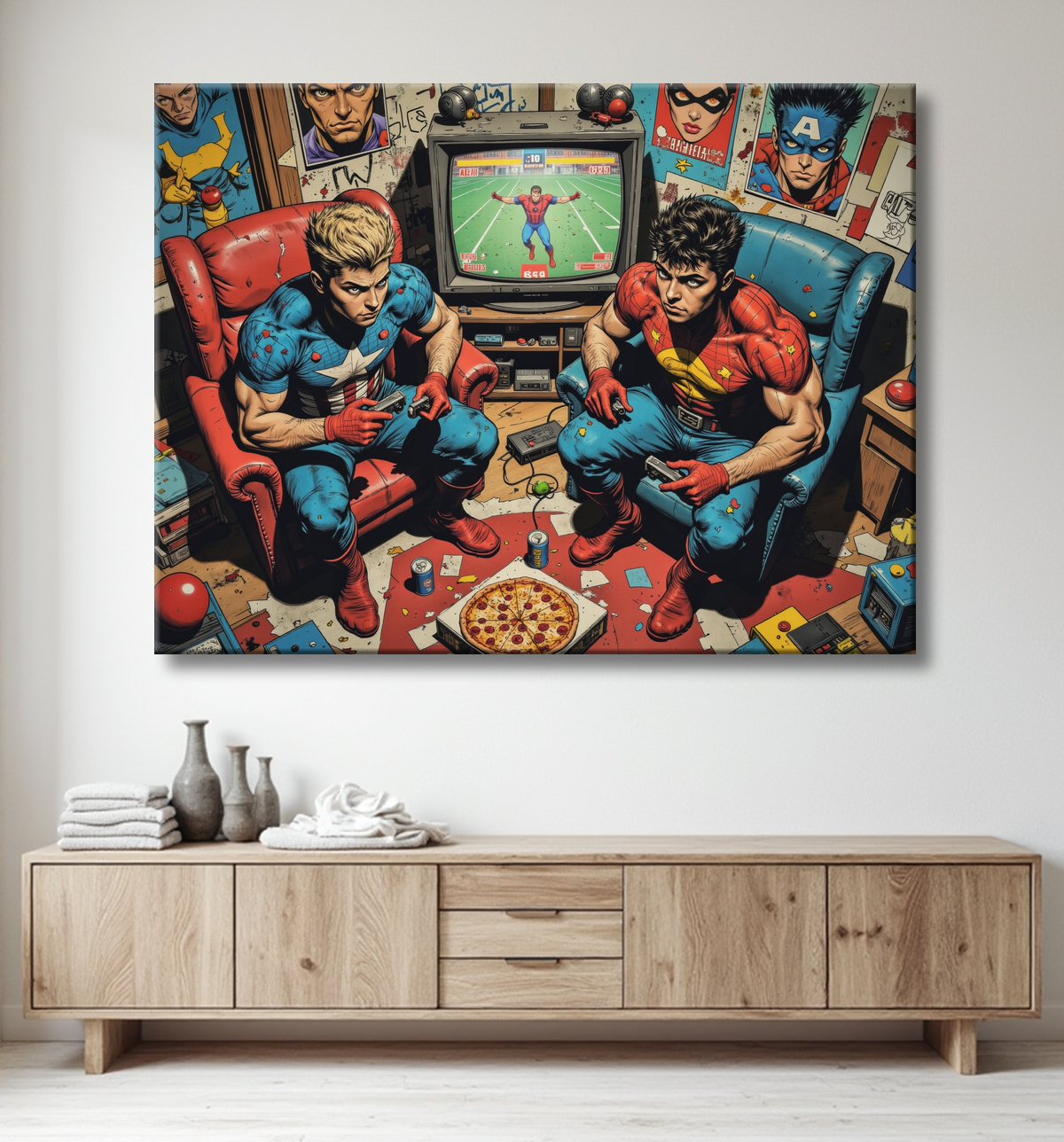 Tableau gamers super-héros ambiance geek street art avec decor