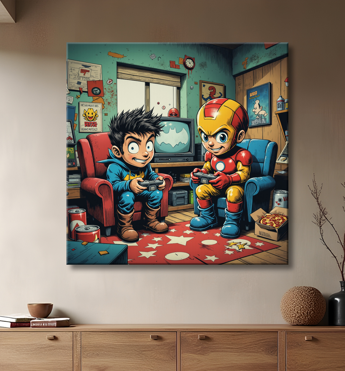 Tableau gamers super-héros ambiance geek street art avec decor