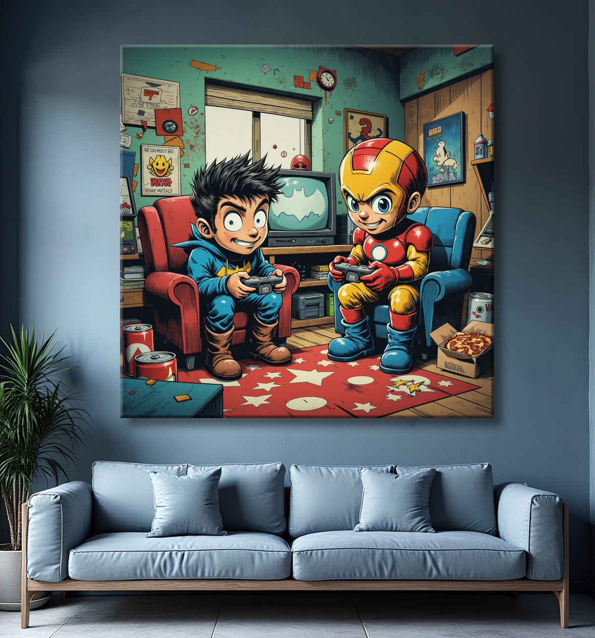 Tableau gamers super-héros ambiance geek street art avec decor