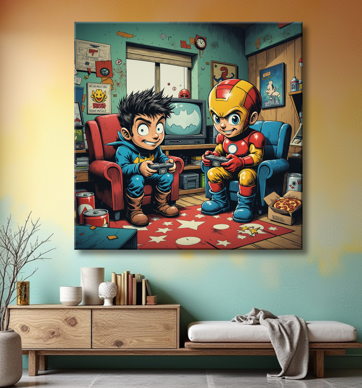 Tableau gamers super-héros ambiance geek street art avec decor