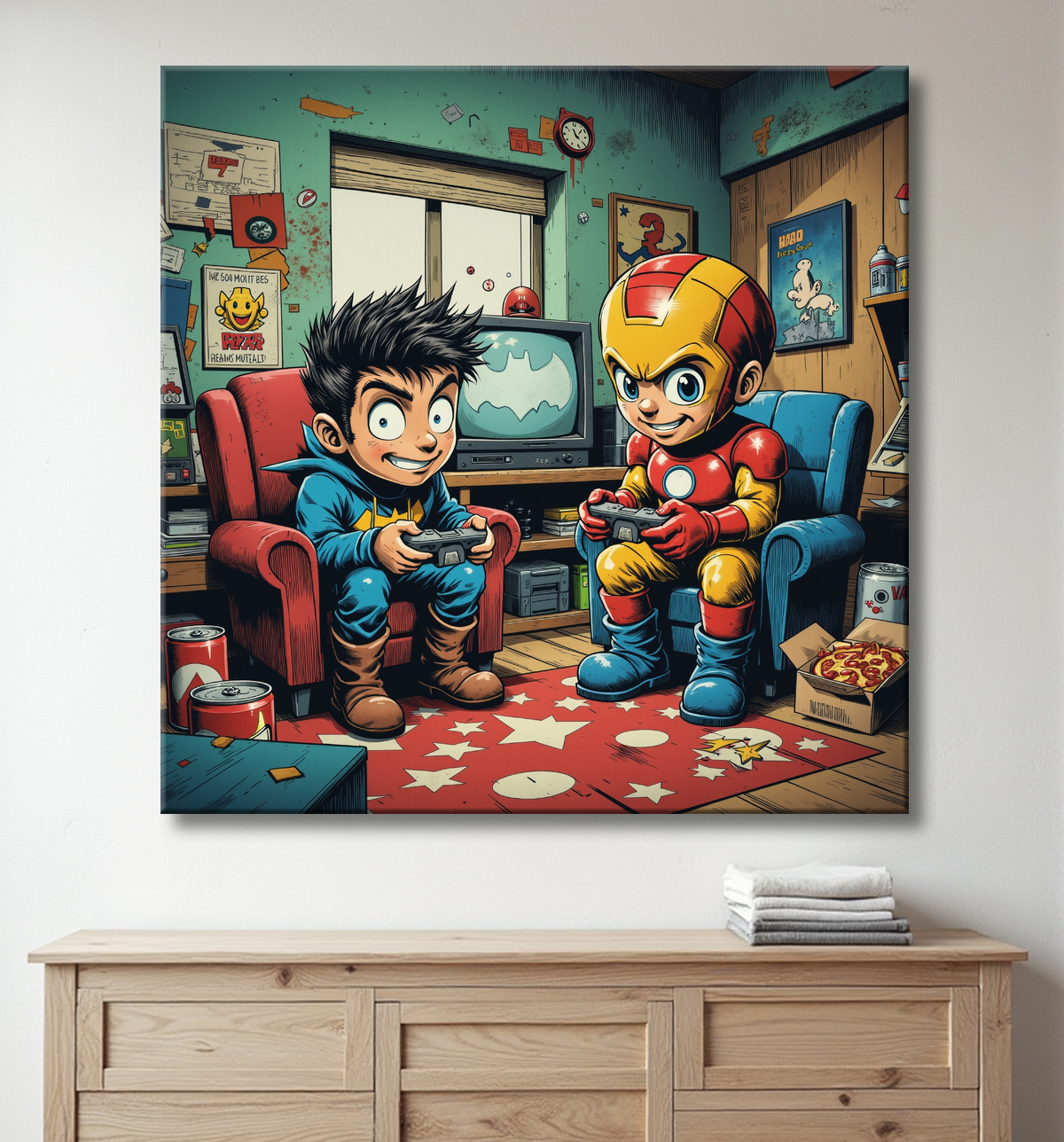 Tableau gamers super-héros ambiance geek street art avec decor