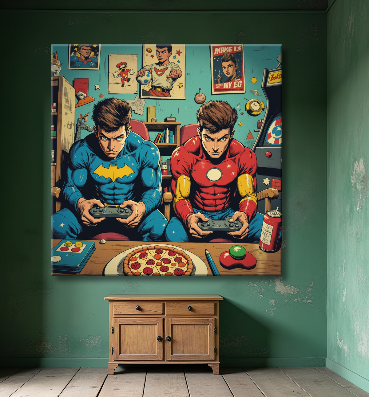 Tableau gamers super-héros ambiance geek street art avec decor