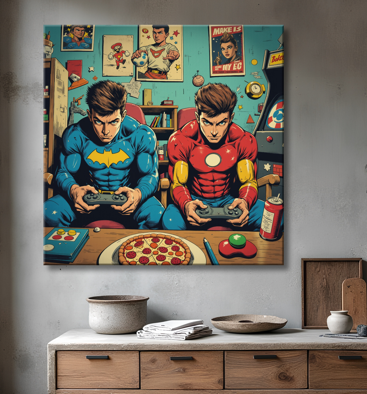 Tableau gamers super-héros ambiance geek street art avec decor