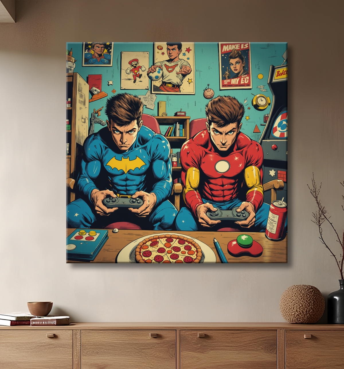 Tableau gamers super-héros ambiance geek street art avec decor