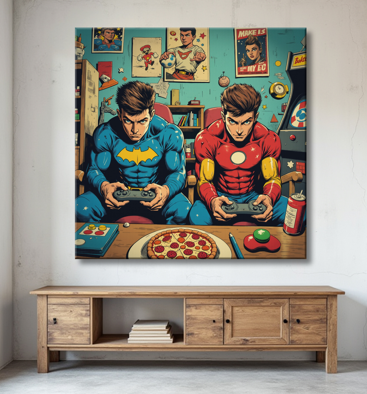 Tableau gamers super-héros ambiance geek street art avec decor