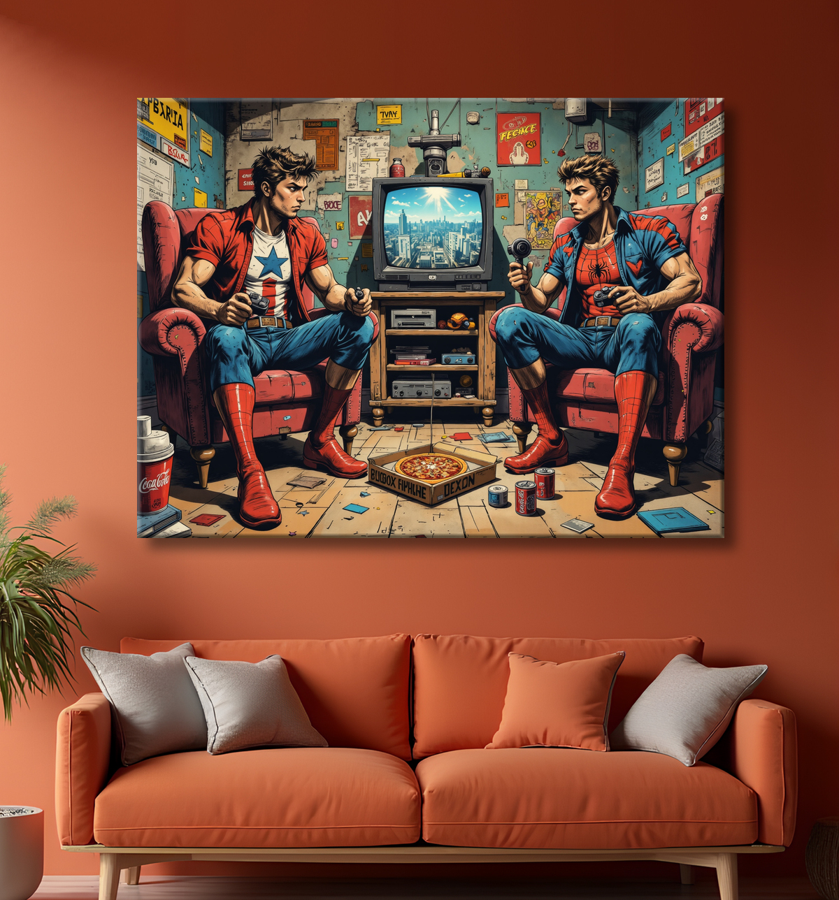 Tableau gamers super-héros ambiance geek street art avec decor