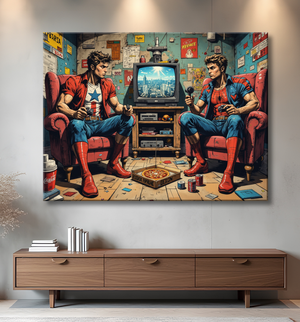 Tableau gamers super-héros ambiance geek street art avec decor