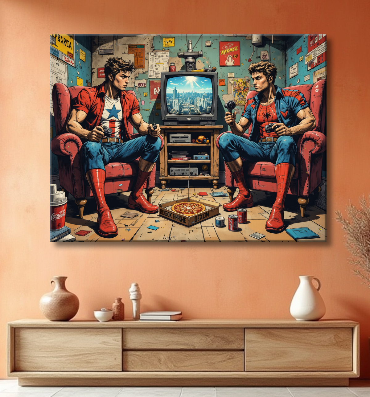 Tableau gamers super-héros ambiance geek street art avec decor