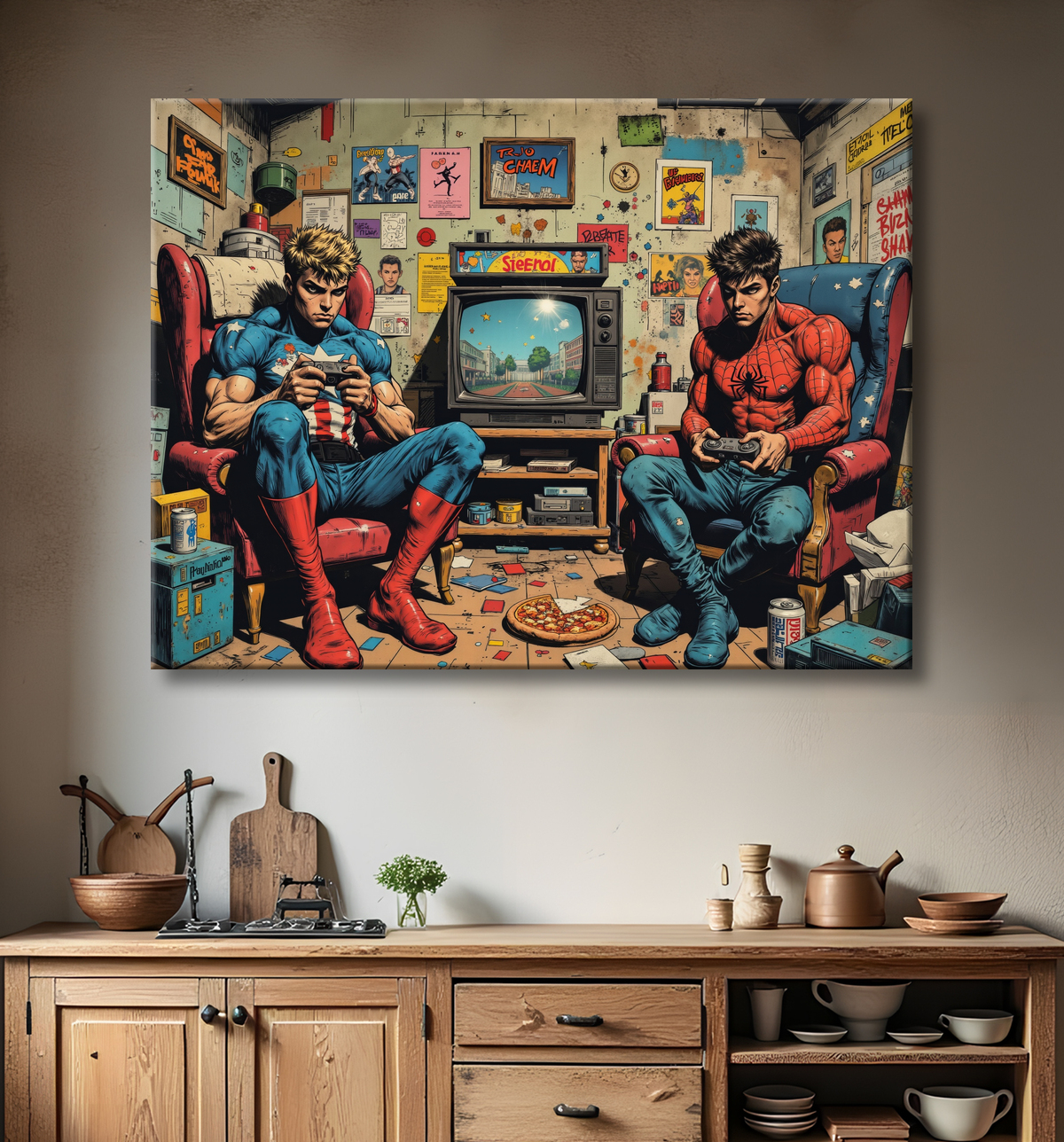 Tableau gamers super-héros ambiance geek street art avec decor