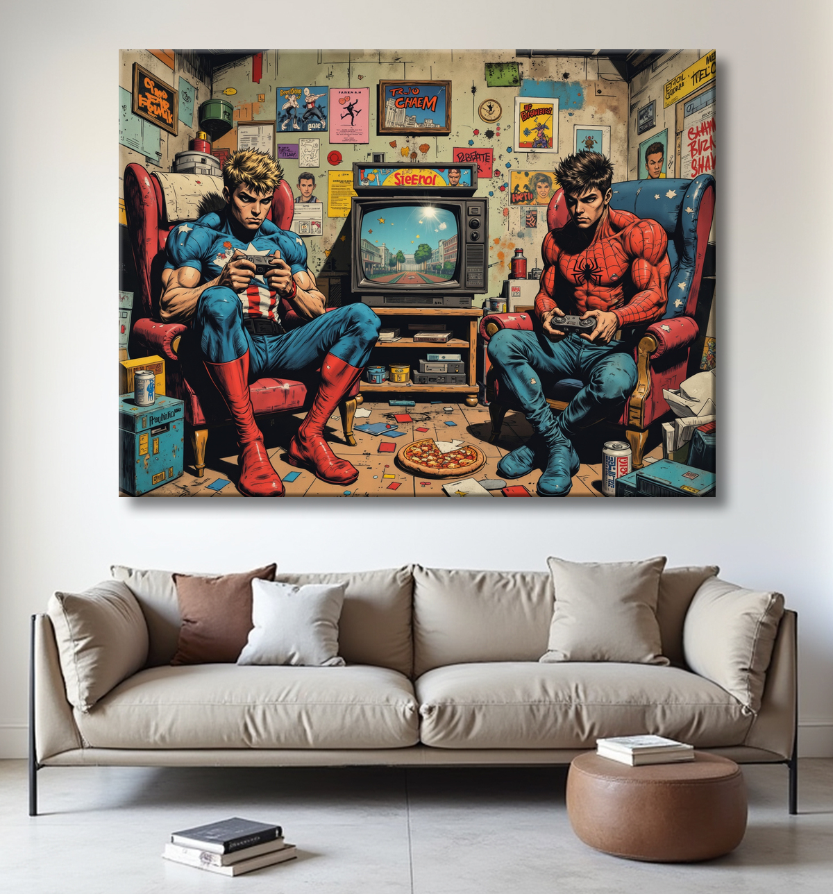 Tableau gamers super-héros ambiance geek street art avec decor