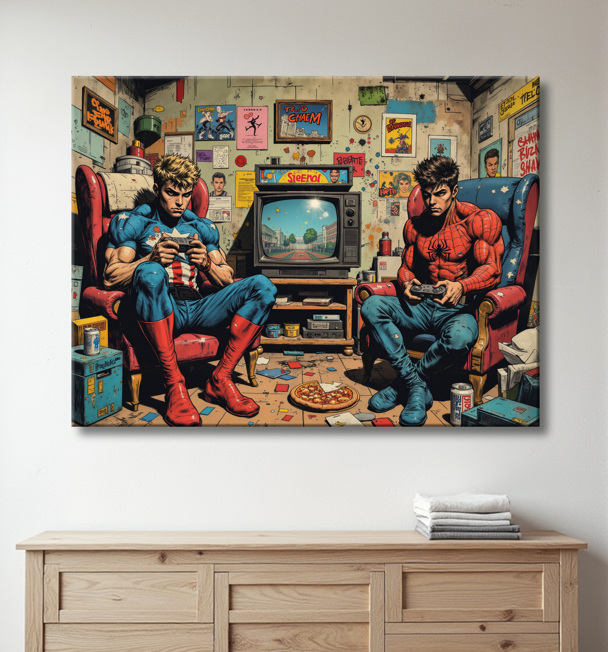 Tableau gamers super-héros ambiance geek street art avec decor