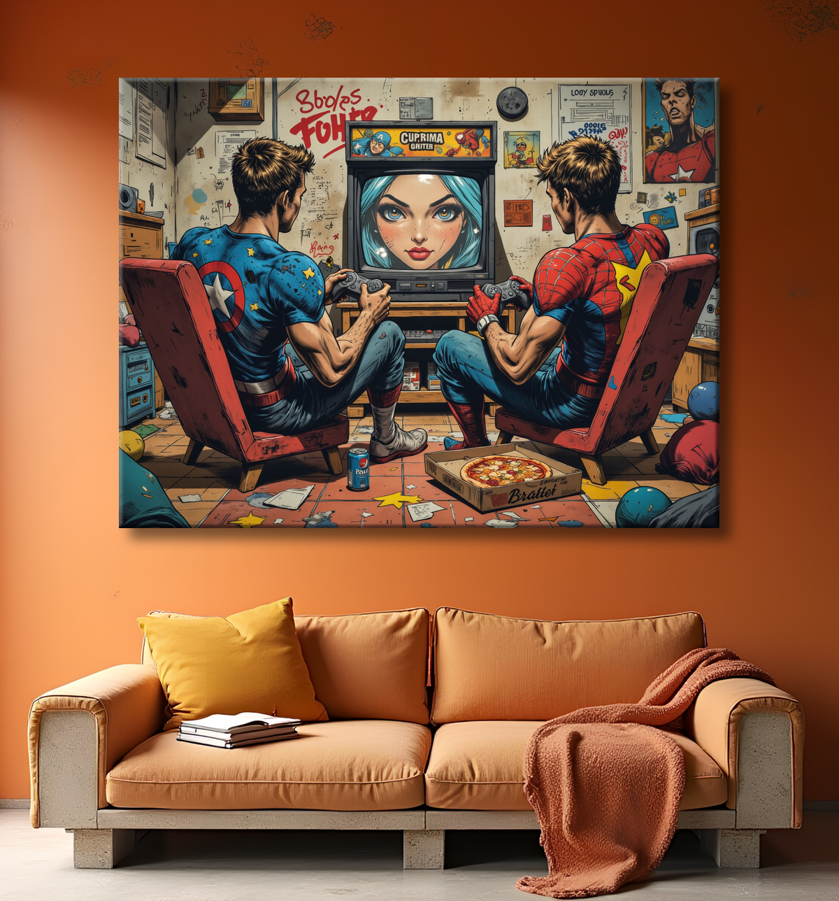Tableau gamers super-héros ambiance geek street art avec decor