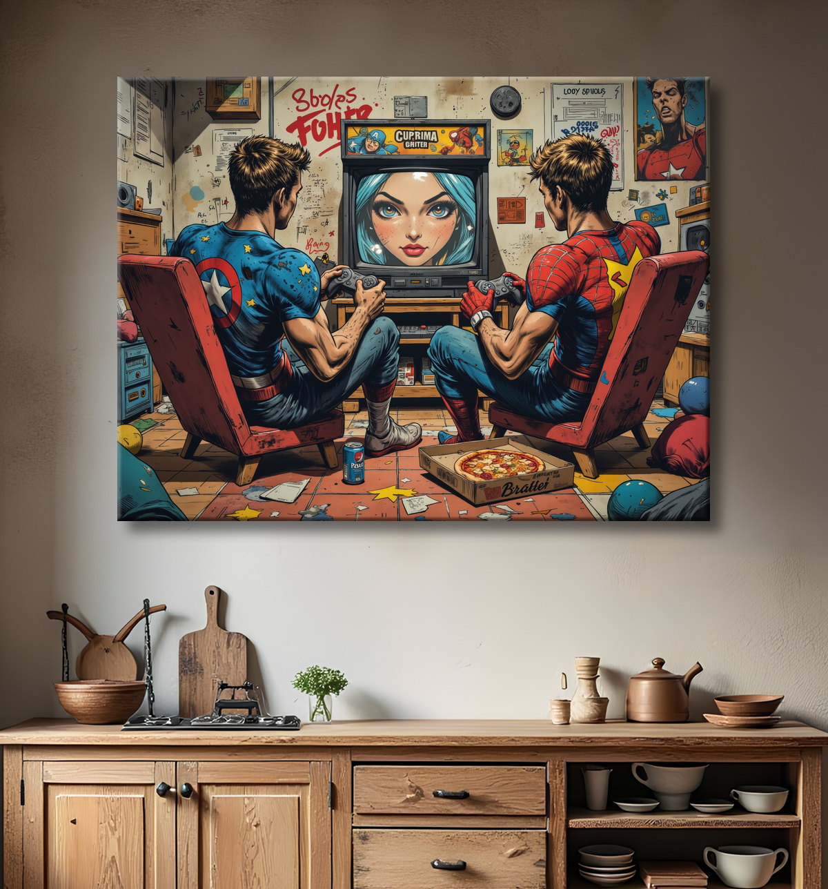 Tableau gamers super-héros ambiance geek street art avec decor