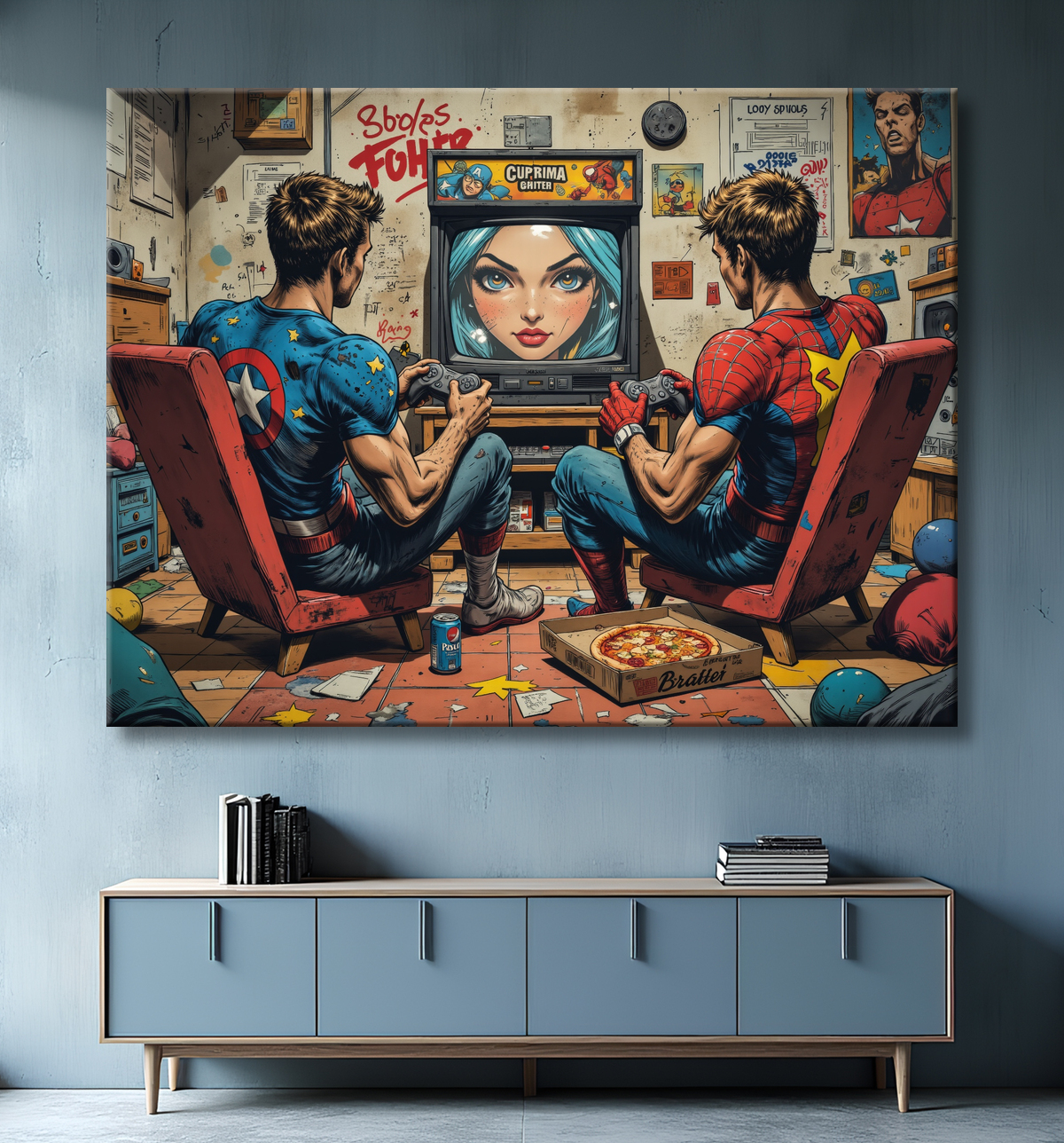 Tableau gamers super-héros ambiance geek street art avec decor