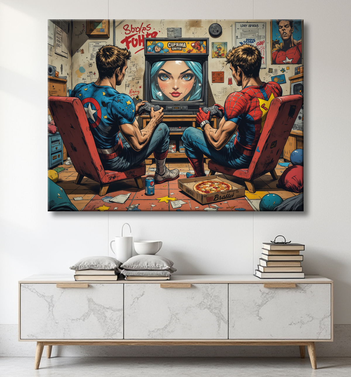 Tableau gamers super-héros ambiance geek street art avec decor