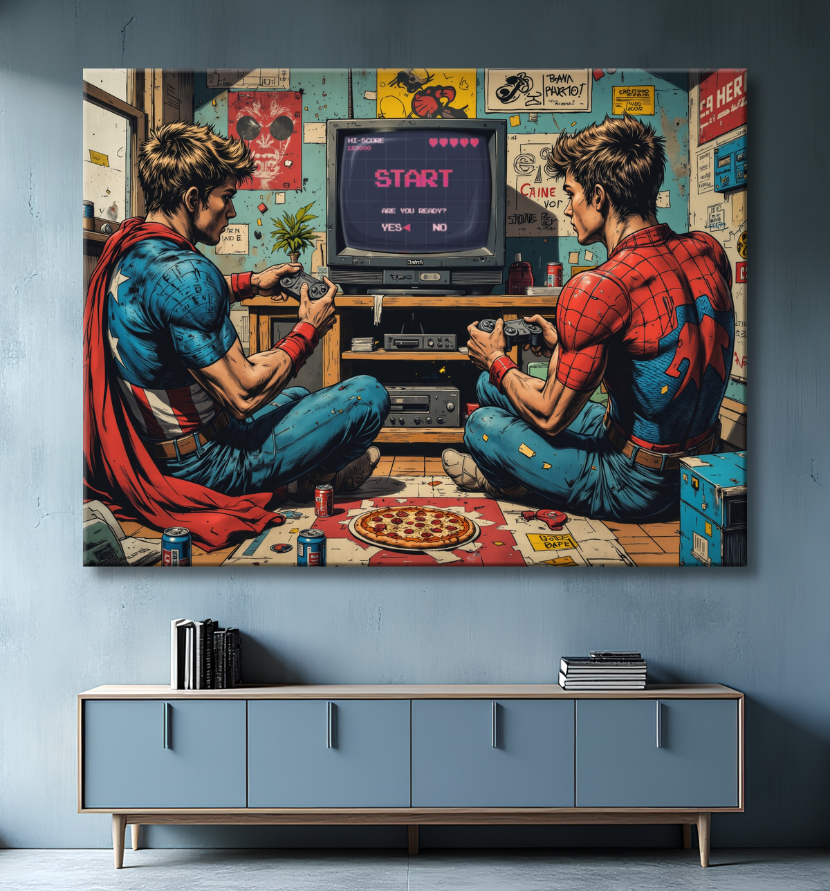Tableau gamers super-héros ambiance geek street art avec decor