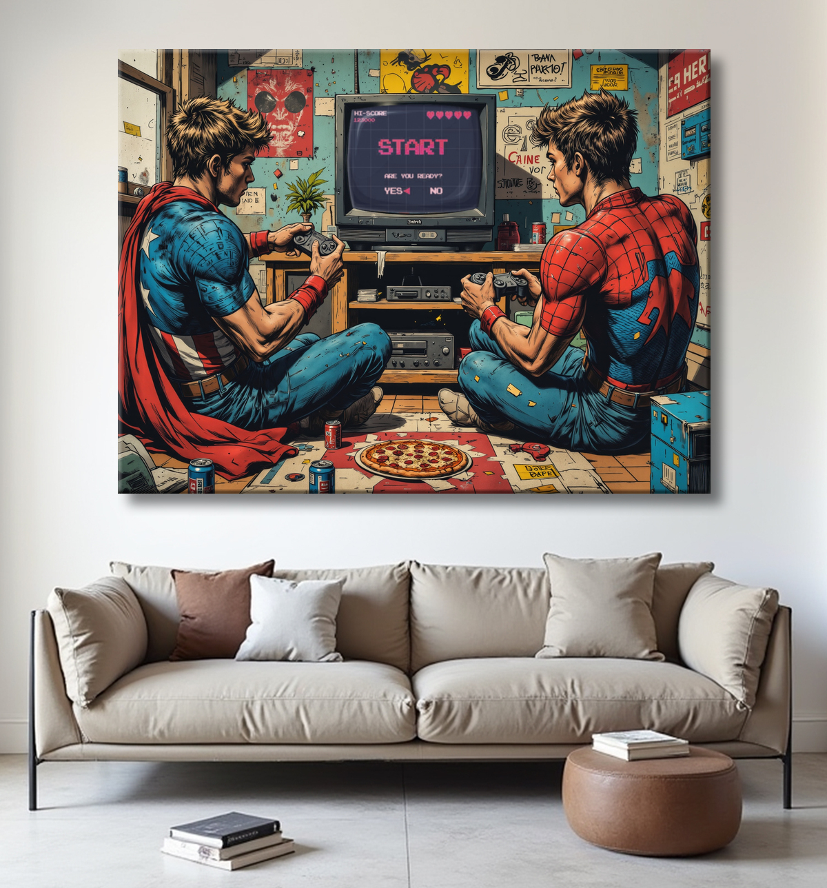 Tableau gamers super-héros ambiance geek street art avec decor