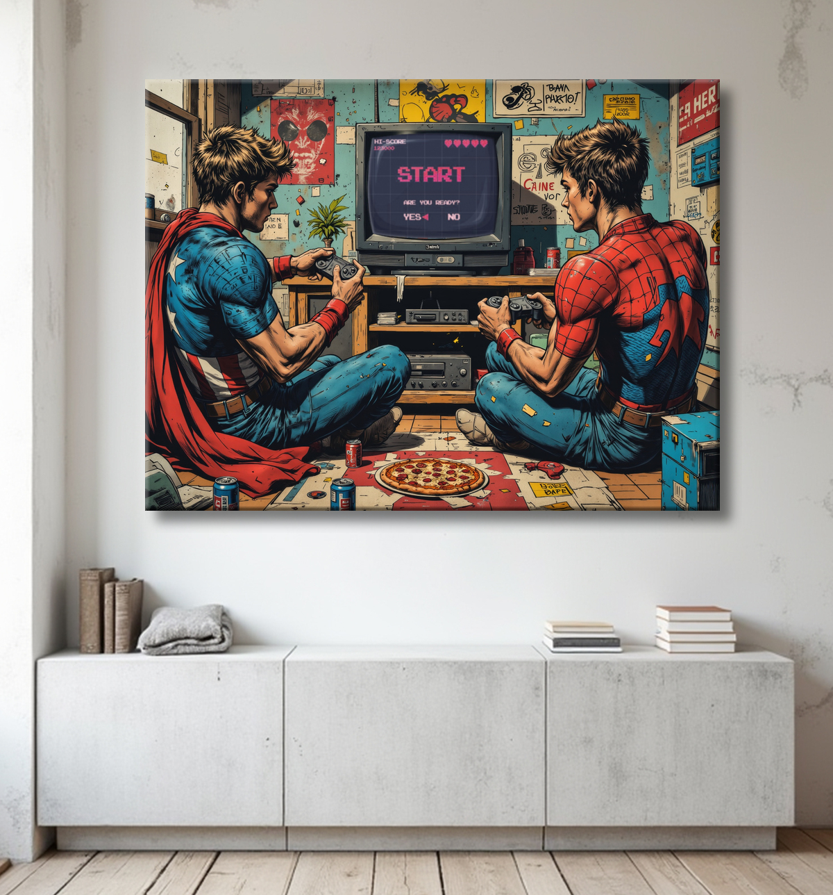 Tableau gamers super-héros ambiance geek street art avec decor