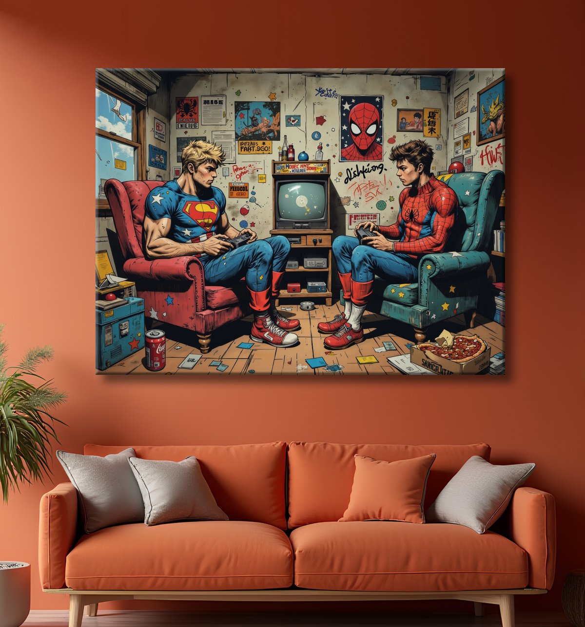 Tableau gamers super-héros ambiance geek street art avec decor