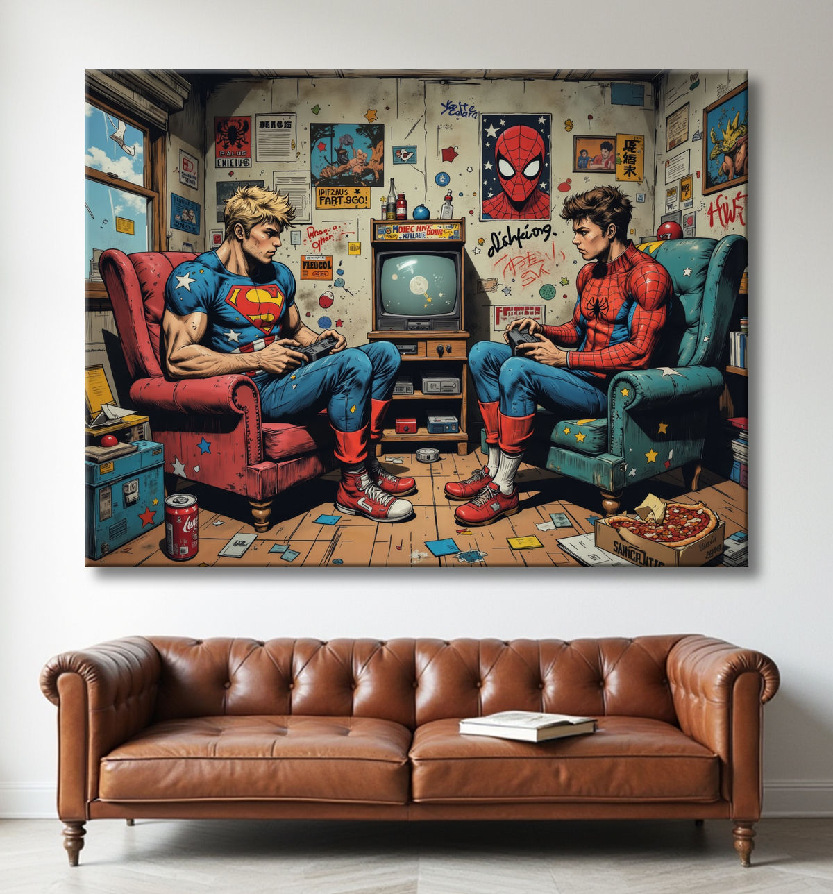 Tableau gamers super-héros ambiance geek street art avec decor