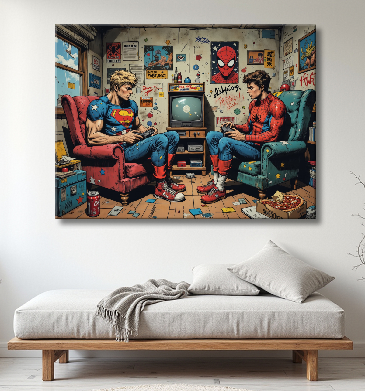 Tableau gamers super-héros ambiance geek street art avec decor