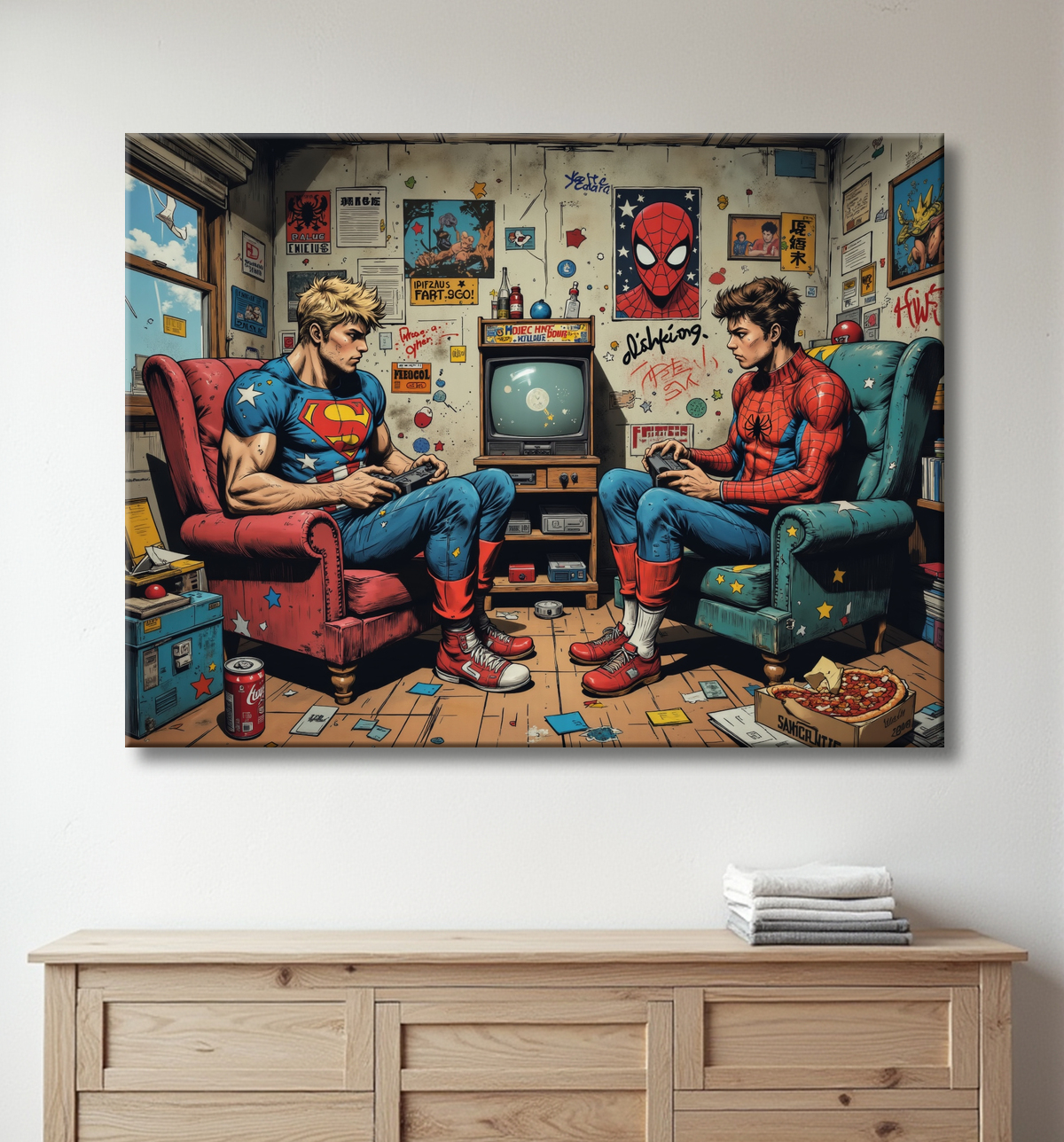 Tableau gamers super-héros ambiance geek street art avec decor