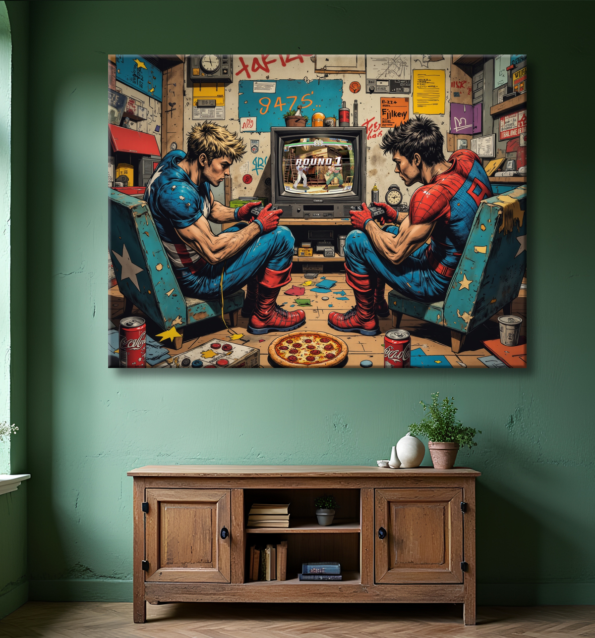 Tableau gamers super-héros ambiance geek street art avec decor