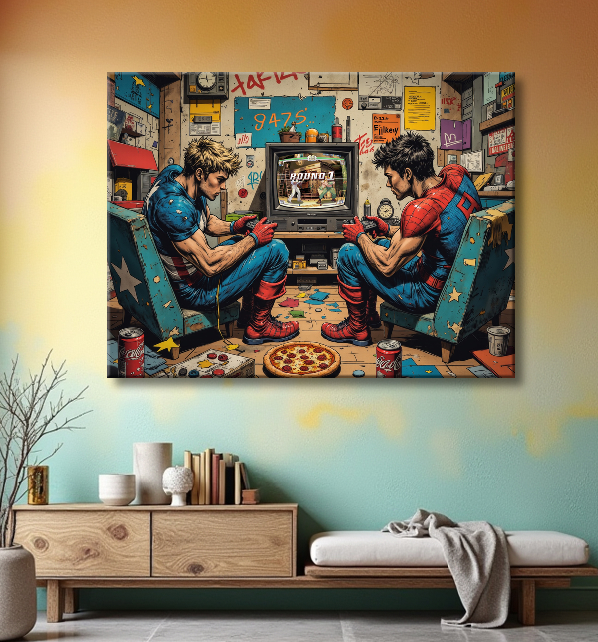 Tableau gamers super-héros ambiance geek street art avec decor