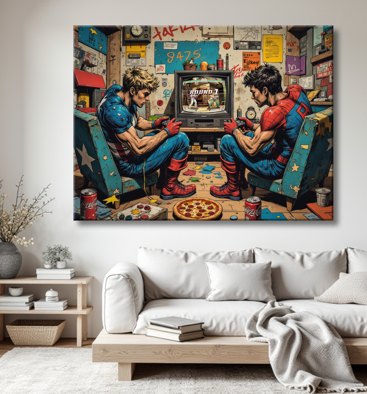 Tableau gamers super-héros ambiance geek street art avec decor