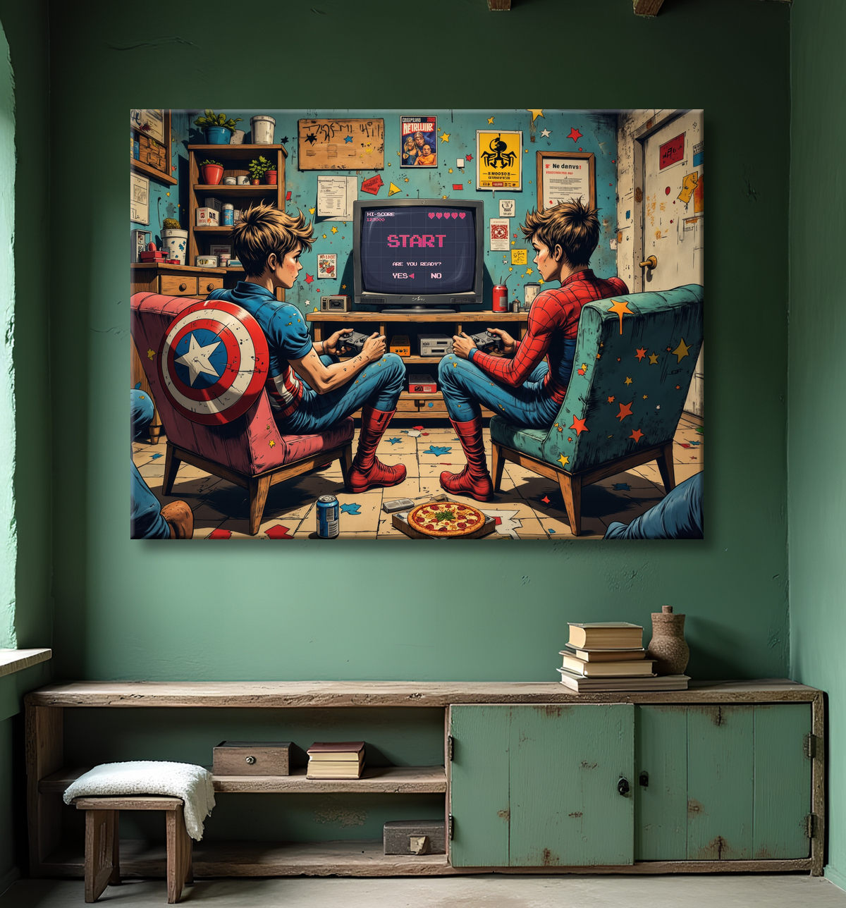 Tableau gamers super-héros ambiance geek street art avec decor
