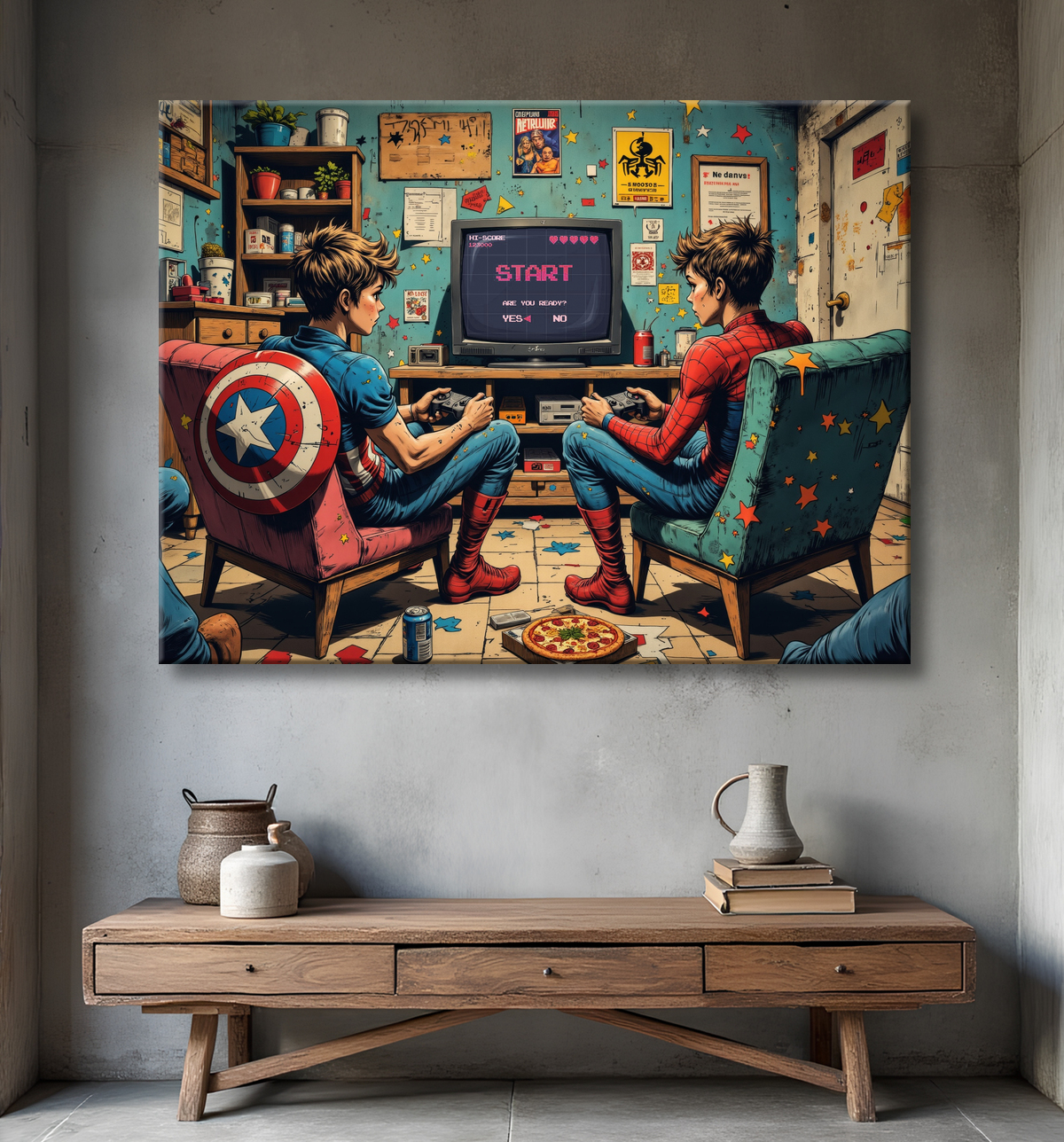 Tableau gamers super-héros ambiance geek street art avec decor