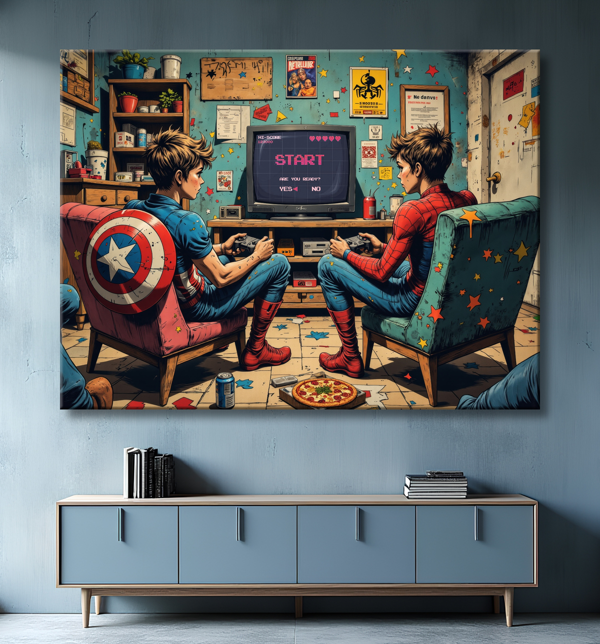 Tableau gamers super-héros ambiance geek street art avec decor