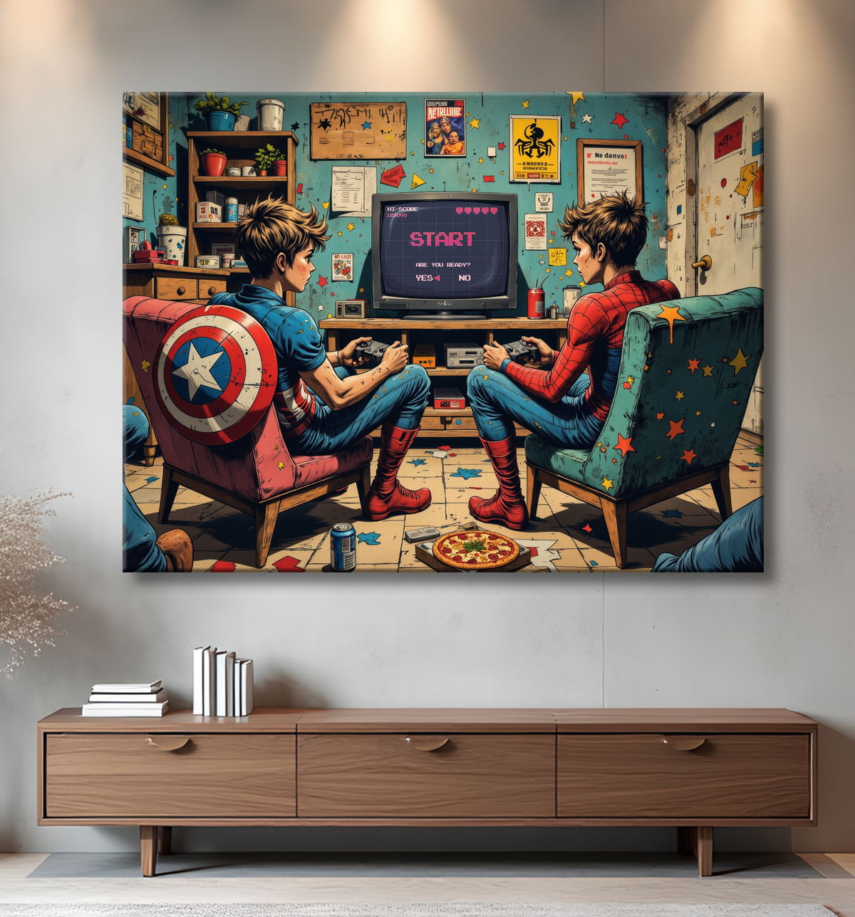 Tableau gamers super-héros ambiance geek street art avec decor