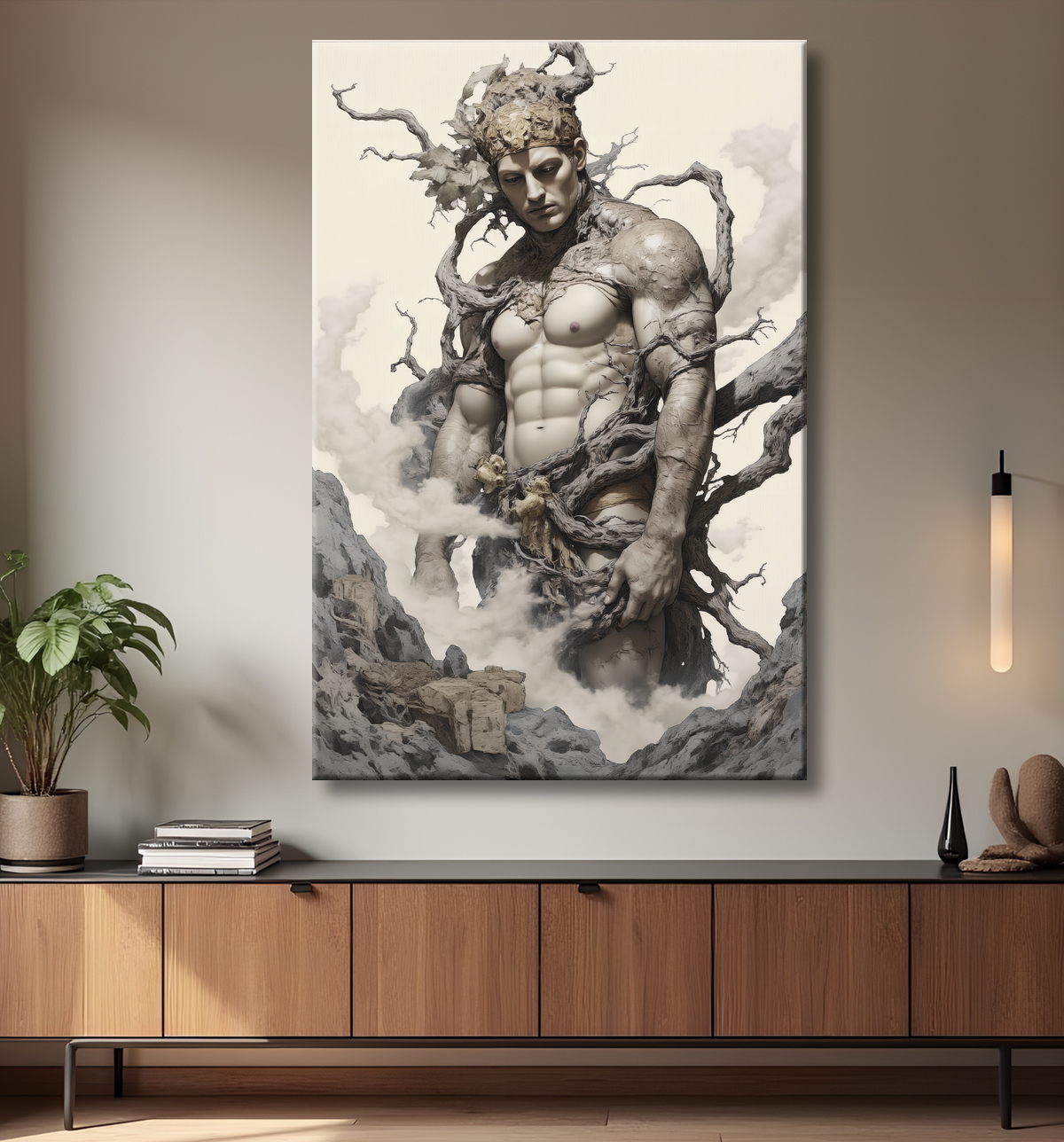 Tableau mystique d'un esprit minéral, corps masculin se fondant dans la pierre et le bois. Tirage d'art sur toile tendue sur châssis, made in France. avec decor