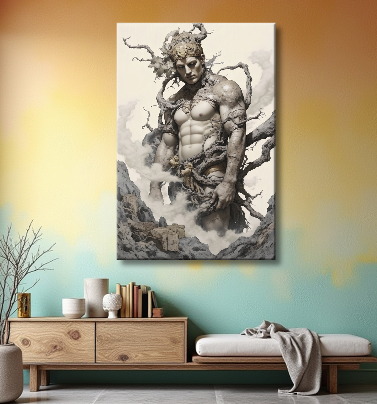 Tableau mystique d'un esprit minéral, corps masculin se fondant dans la pierre et le bois. Tirage d'art sur toile tendue sur châssis, made in France. avec decor