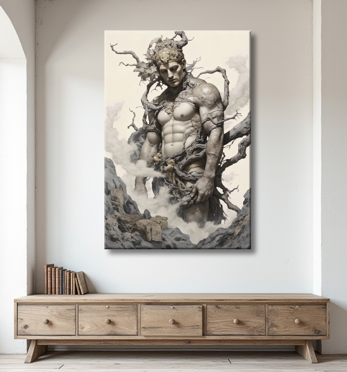 Tableau mystique d'un esprit minéral, corps masculin se fondant dans la pierre et le bois. Tirage d'art sur toile tendue sur châssis, made in France. avec decor