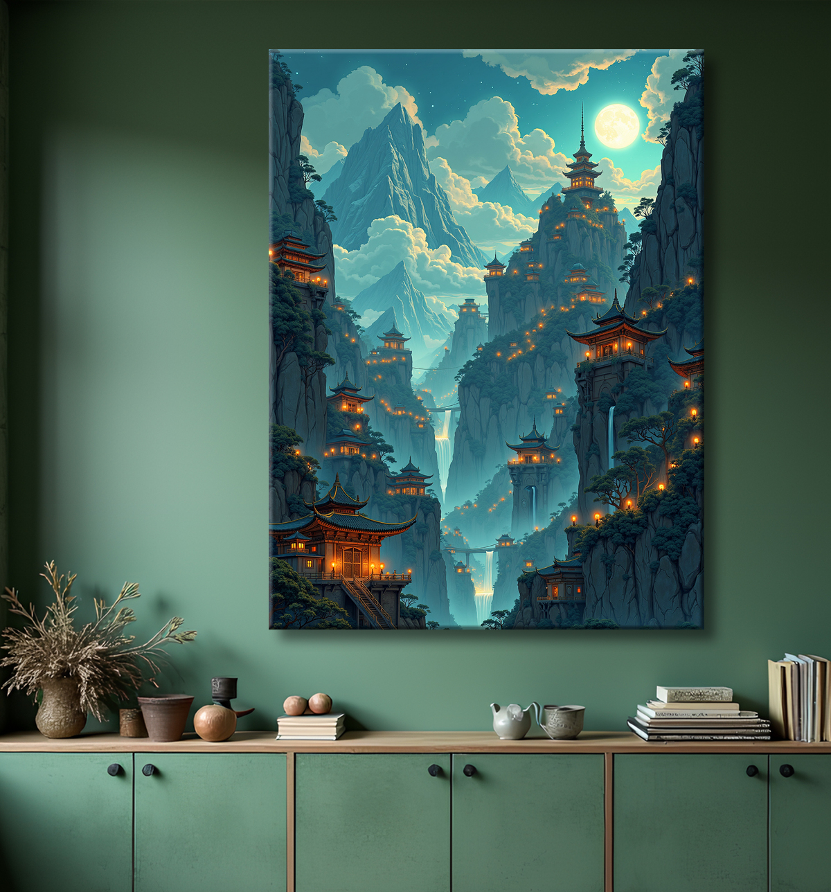 Tableau paysage fantastique : les montagnes bleues avec decor