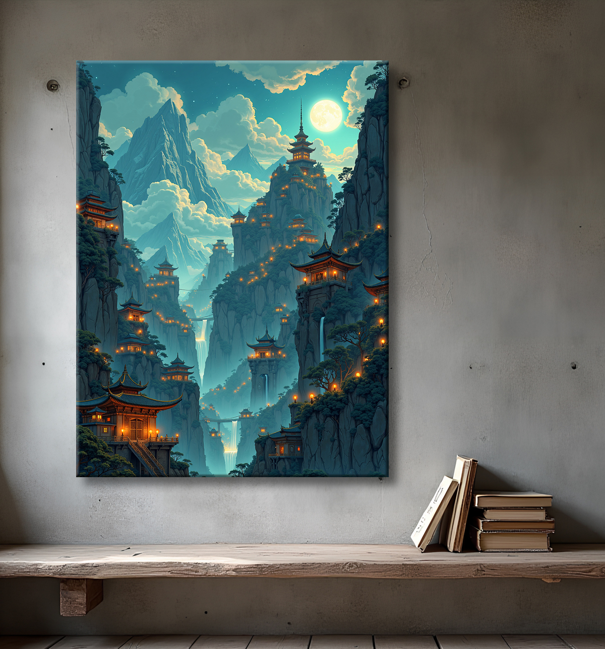 Tableau paysage fantastique : les montagnes bleues avec decor