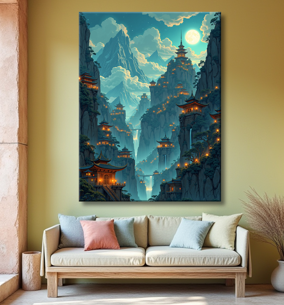 Tableau paysage fantastique : les montagnes bleues avec decor