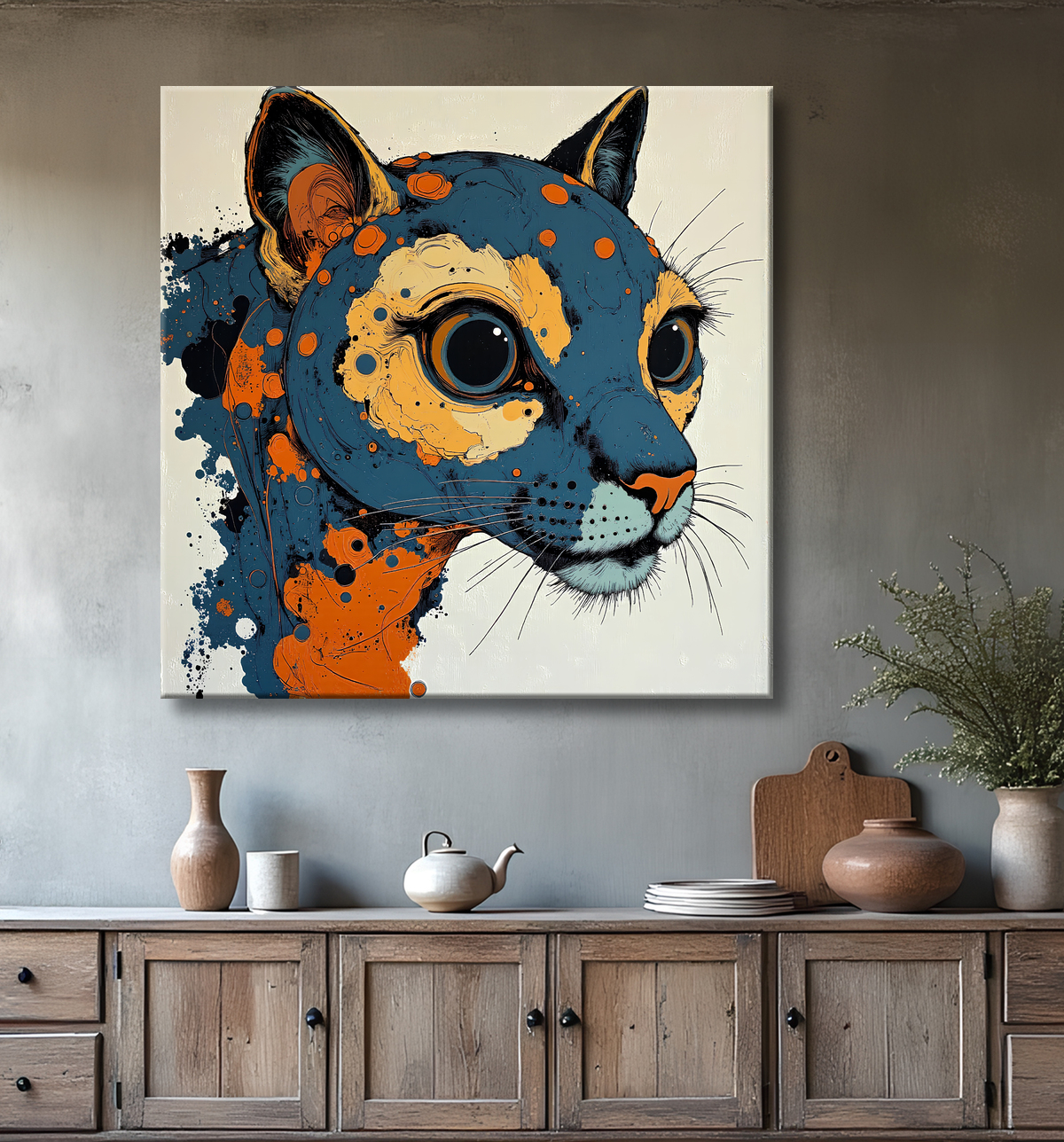 Tableau d'un félin fantastique avec decor