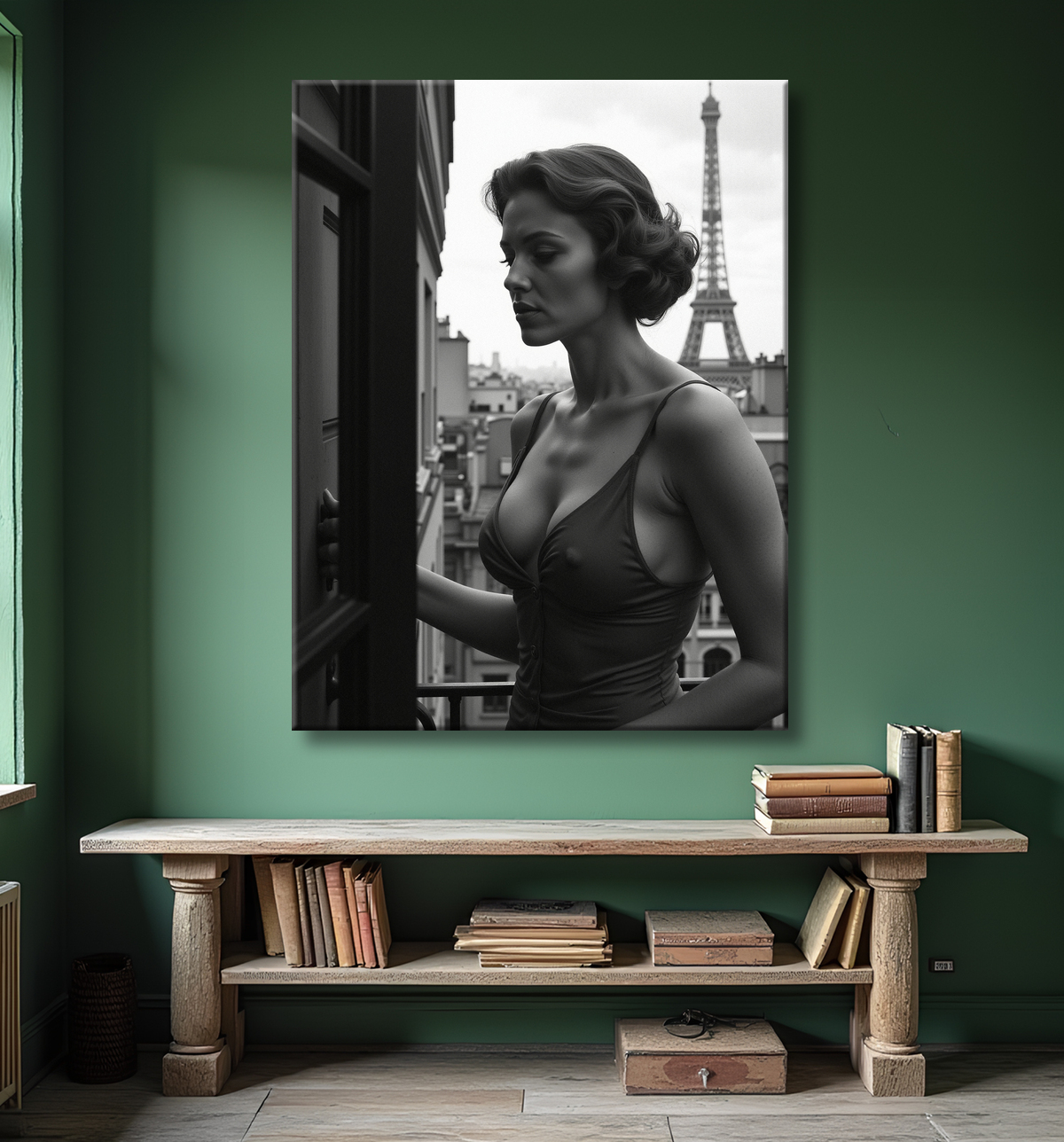 Femme au balcon – tableau noir et blanc intimiste avec decor