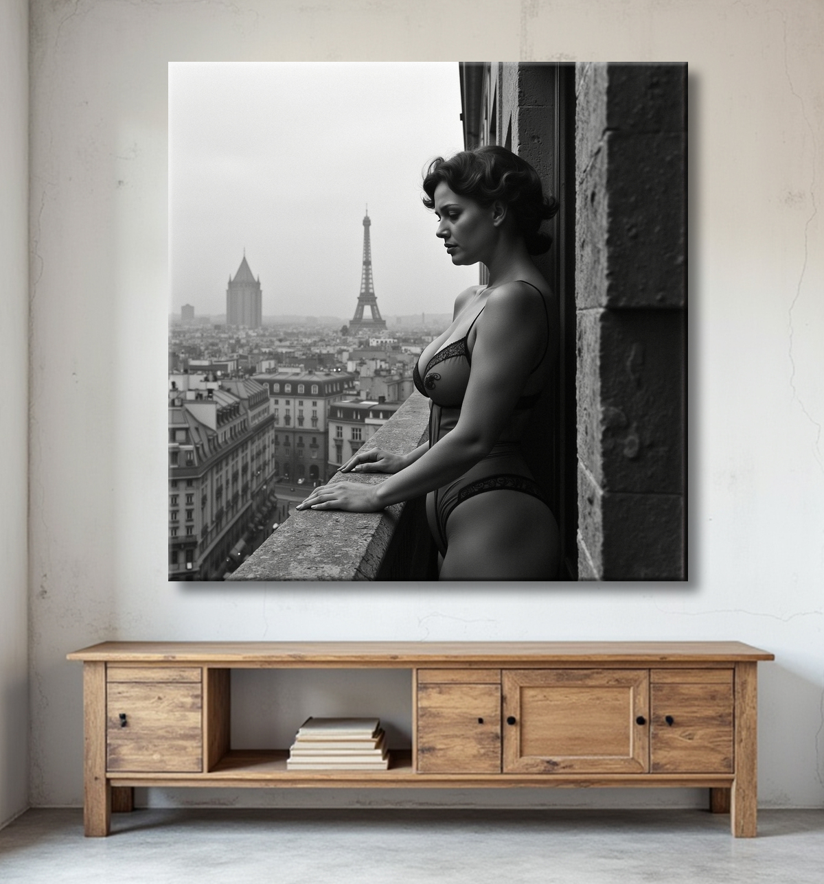 Femme au balcon – tableau noir et blanc intimiste avec decor