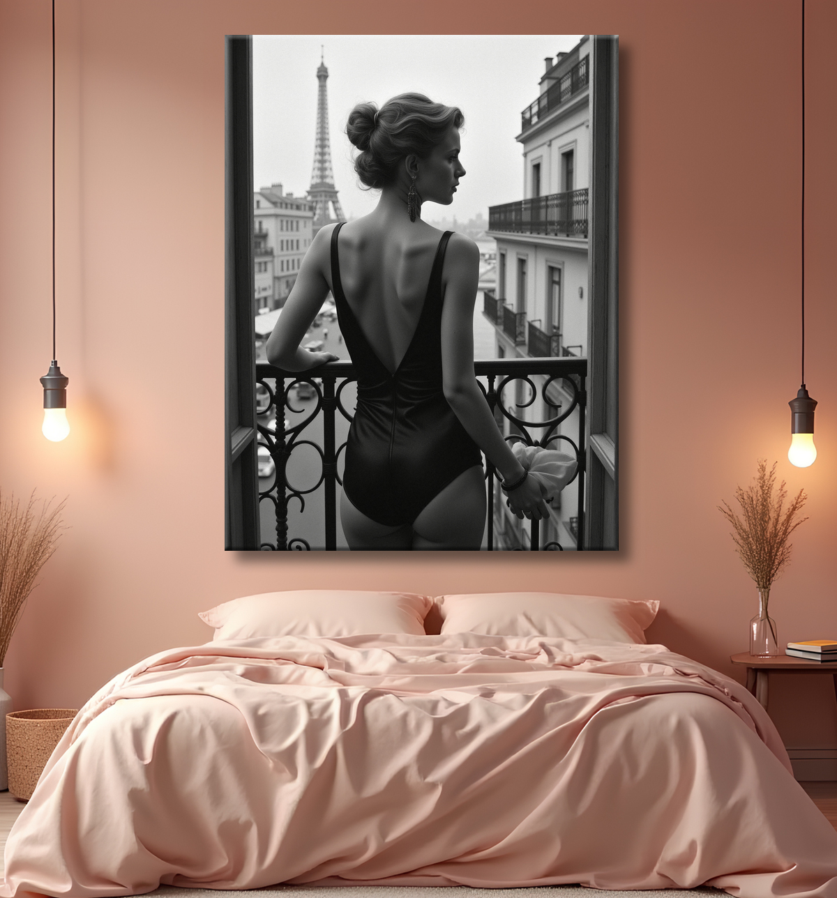 Femme au balcon – tableau noir et blanc intimiste avec decor