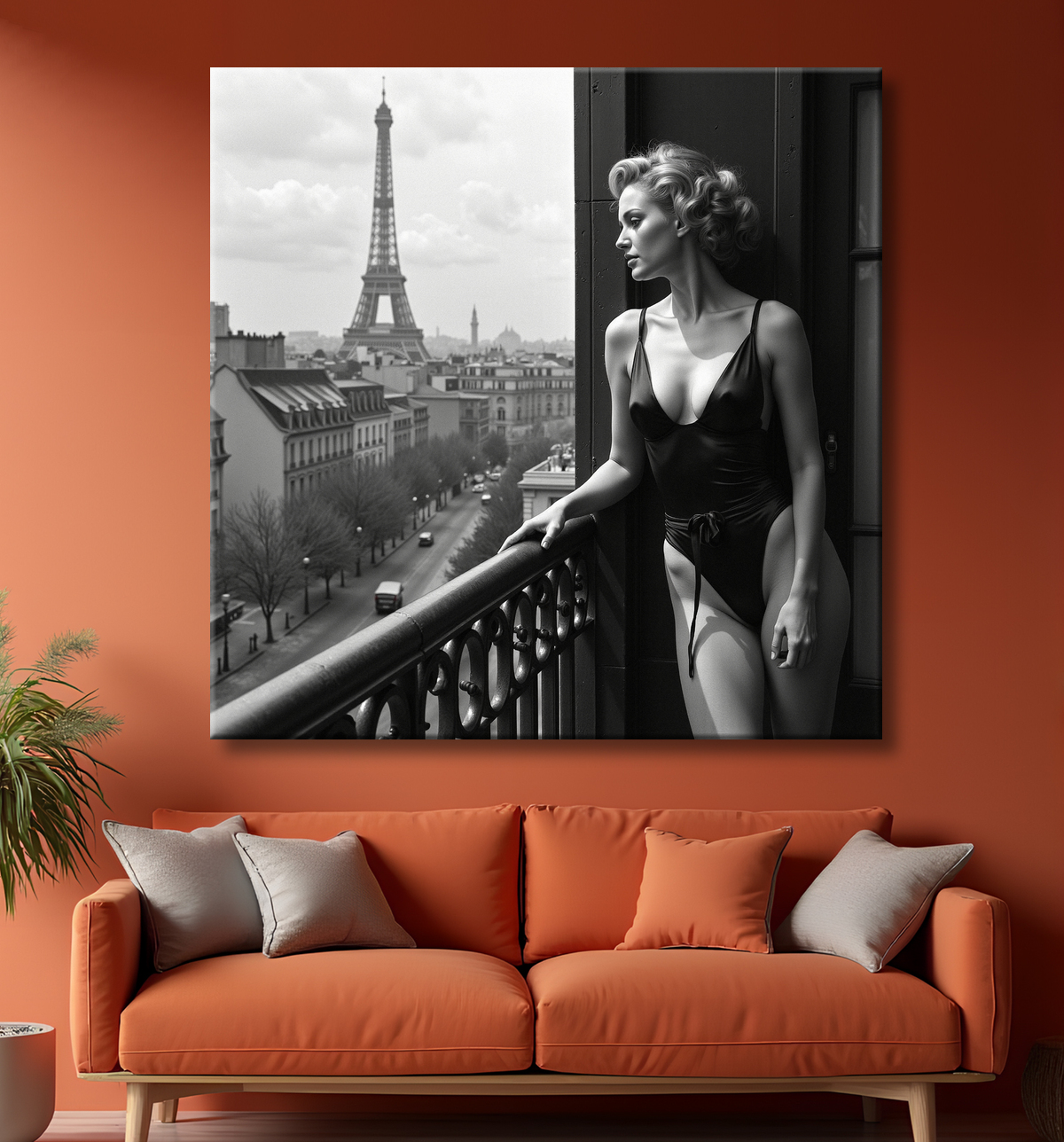 Femme au balcon – tableau noir et blanc intimiste avec decor