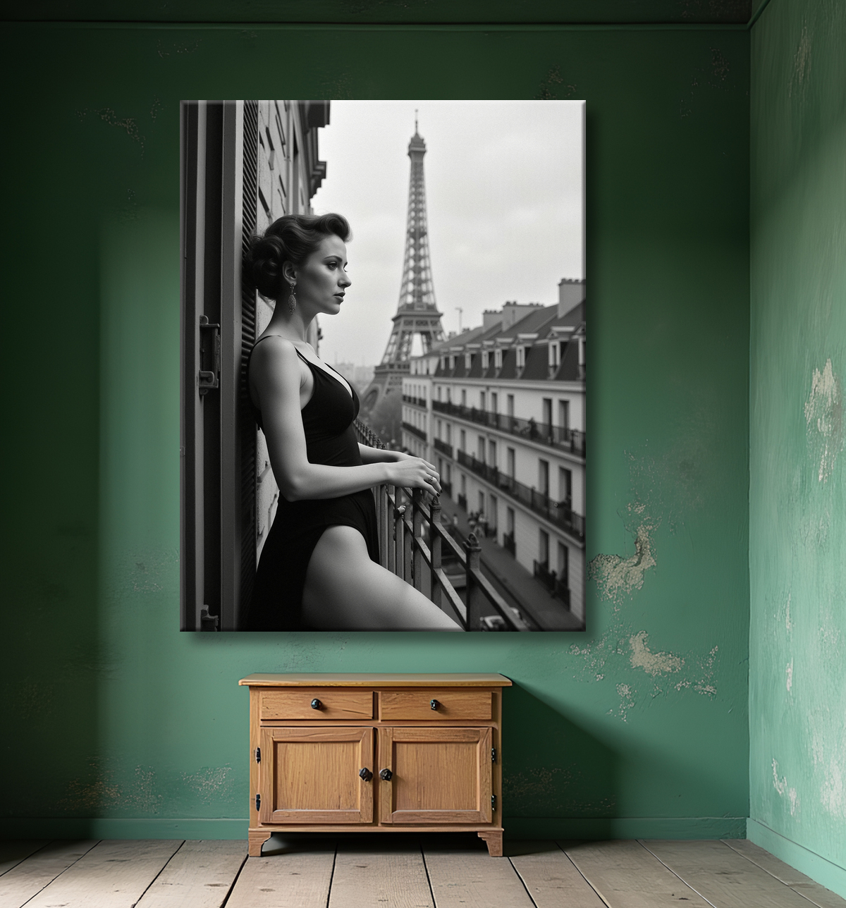 Femme au balcon – tableau noir et blanc intimiste avec decor