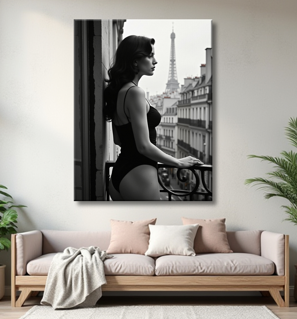 Femme au balcon – tableau noir et blanc intimiste avec decor