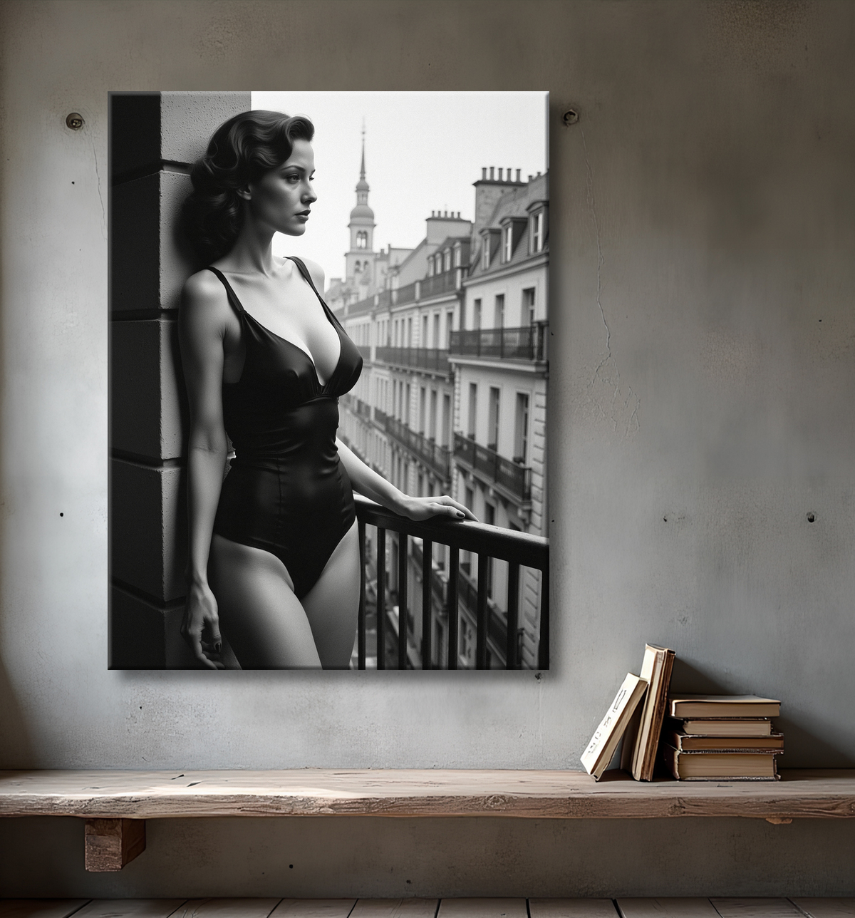 Femme au balcon – tableau noir et blanc intimiste avec decor